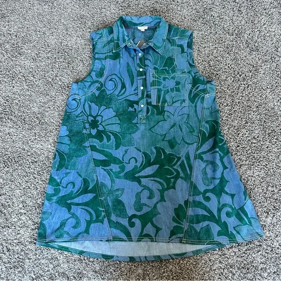 Pilcro Blue Denim Tunic with Green Floral Print - Picture 2 of 10